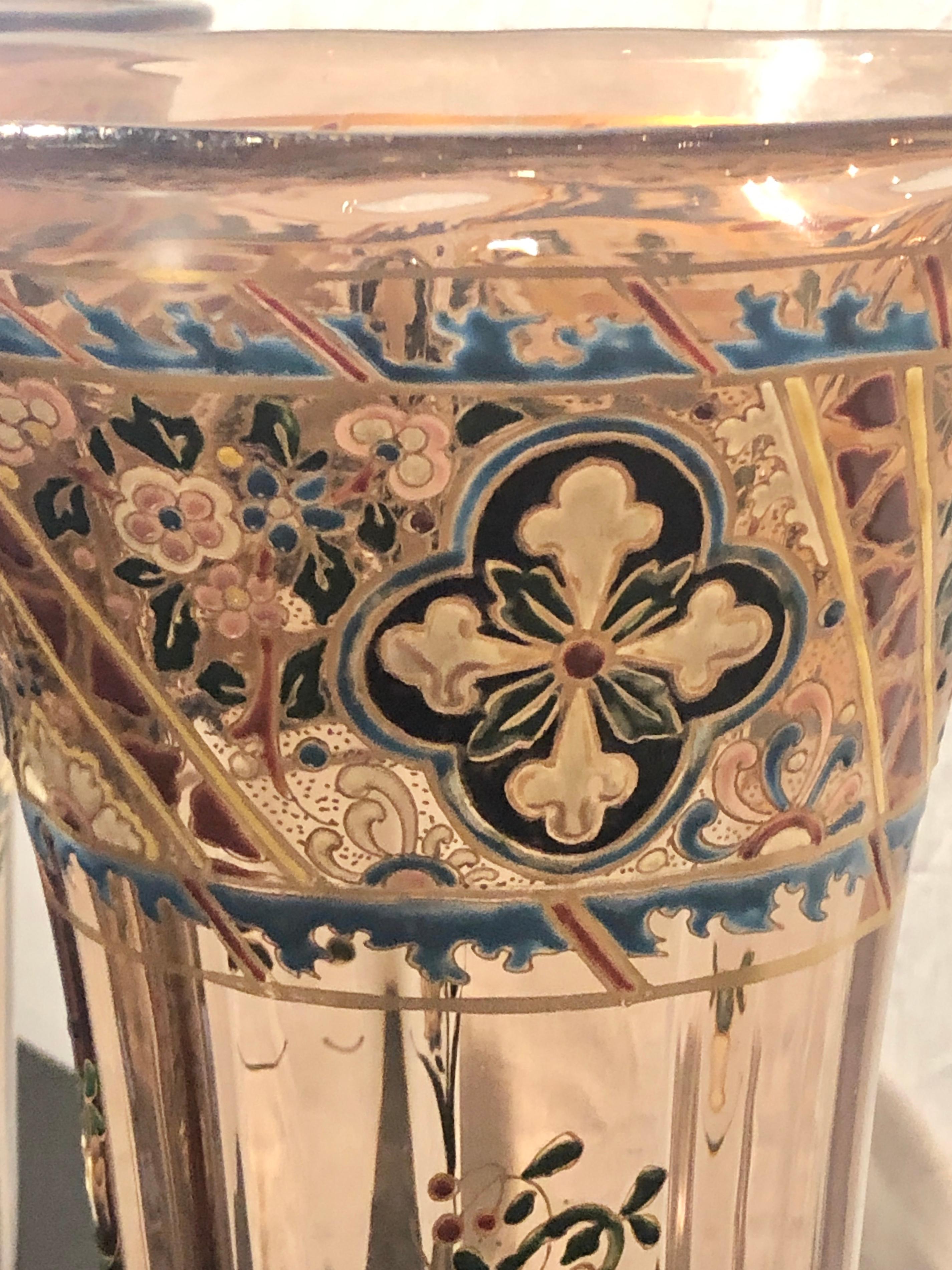 Glass Pair of Antique Palatial French Jeweled Vases or Urns Emile Galle Style  For Sale