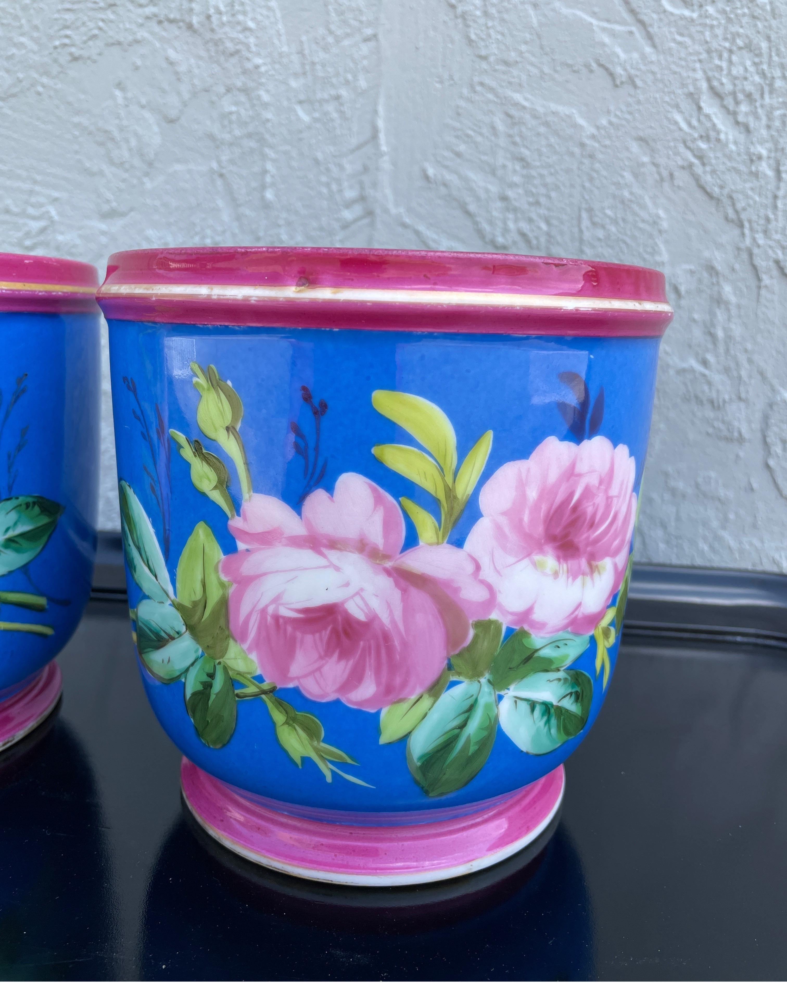 French Pair of Antique Paris Porcelain Cachepots with Pink Peonies For Sale