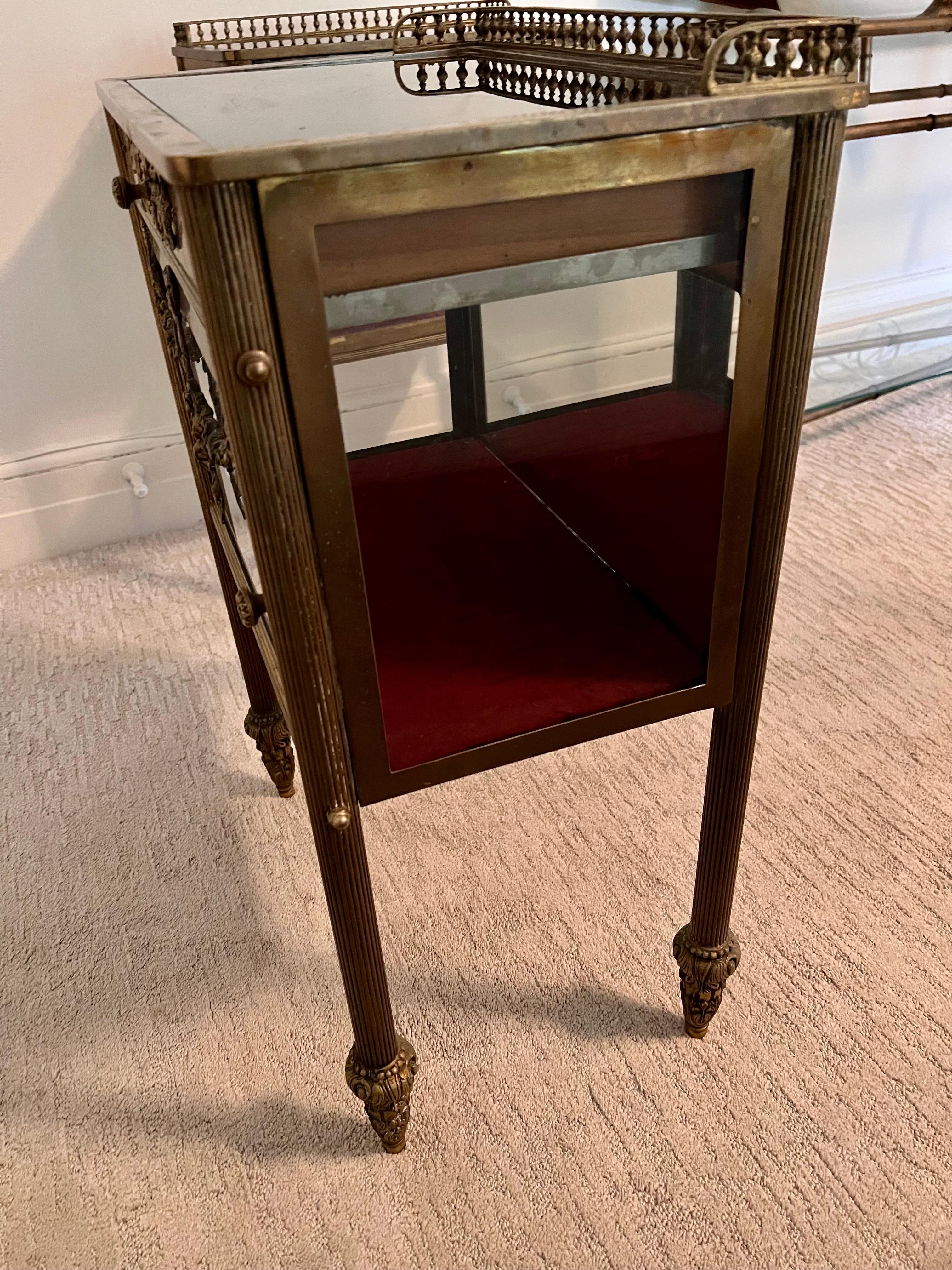 Industrial Pair of Antique Patinated Brass and Glass Vitrine Nightstands For Sale