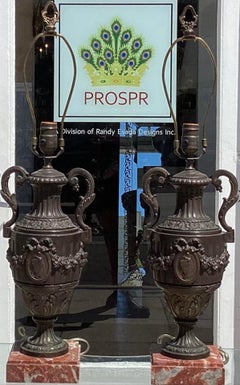 Pair of Antique Patinated Bronze Urn Form Lamps