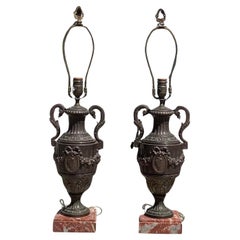 Pair of Antique Patinated Bronze Urn Form Lamps