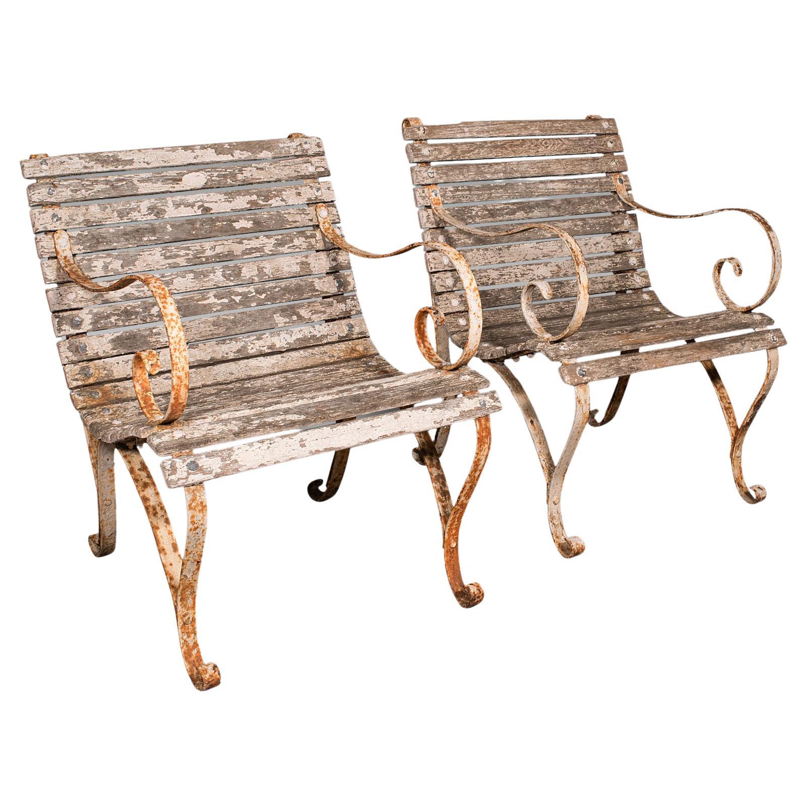 Antique Garden Seat, English, Wrought Iron, Slatted, Outdoor Chair