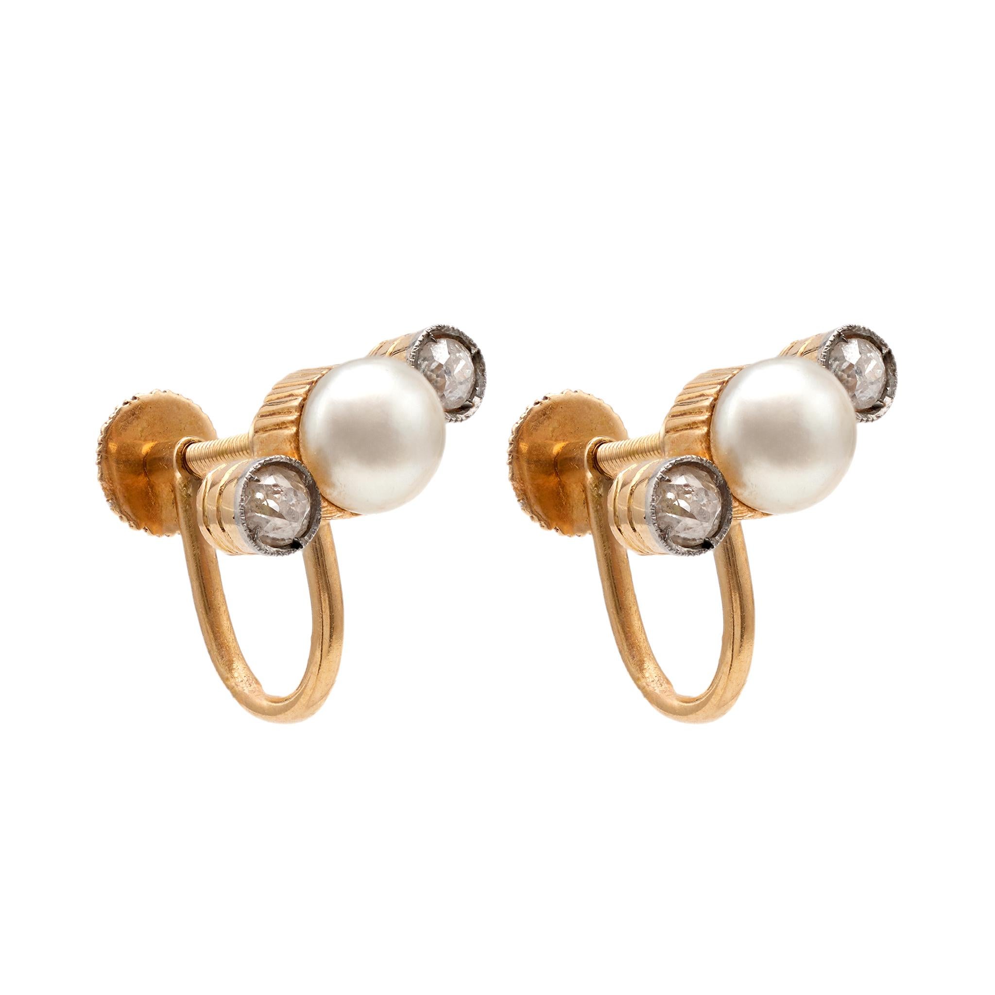Women's or Men's Pair of Antique Pearl and Diamond 18k Yellow Gold Earrings For Sale