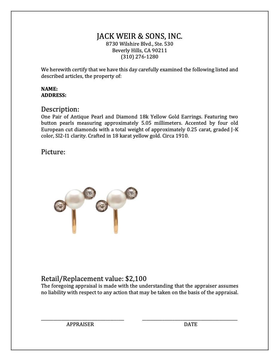 Par de Pendientes Antiguos de Perlas y Diamantes de Oro Amarillo de 18k en venta 1