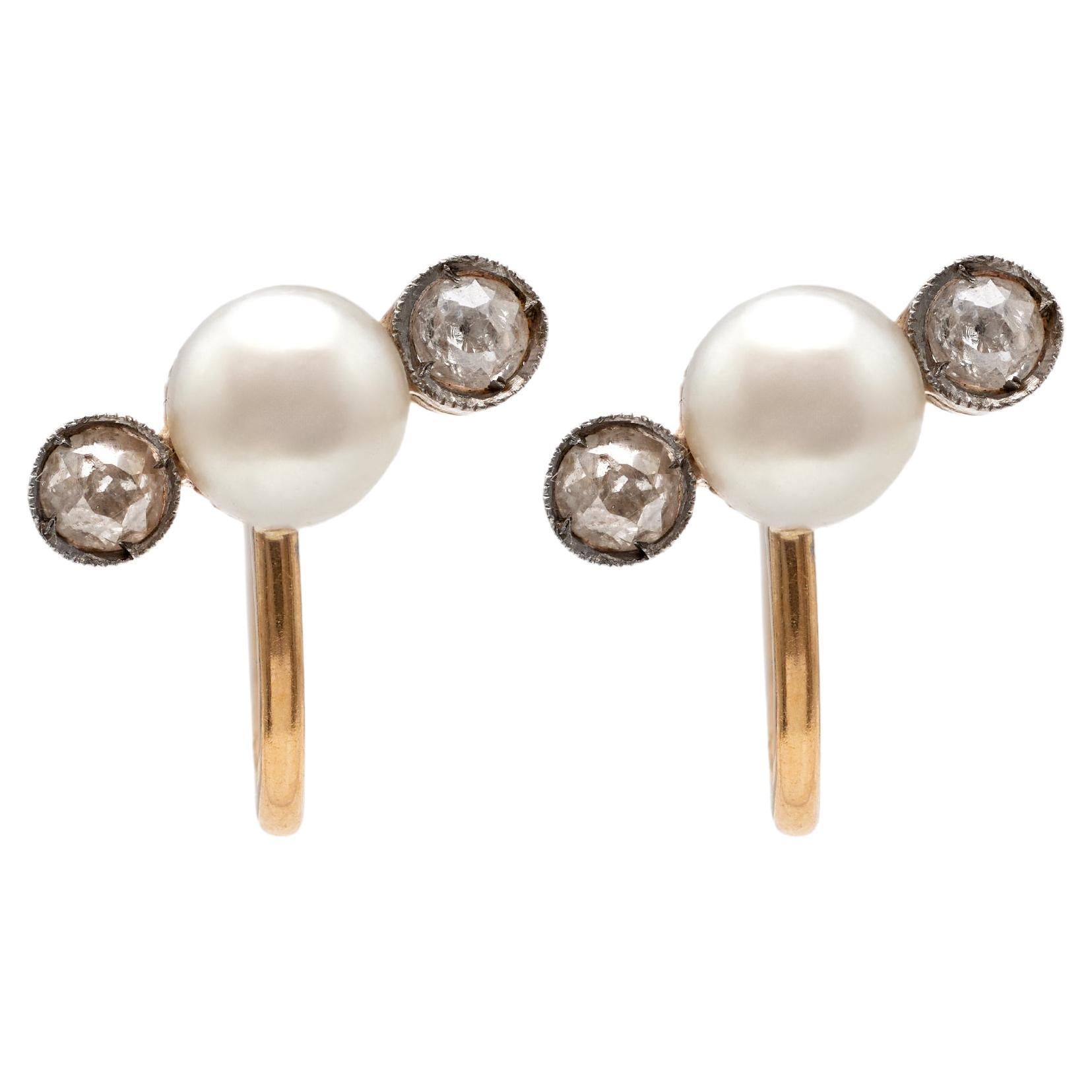 Pair of Antique Pearl and Diamond 18k Yellow Gold Earrings For Sale