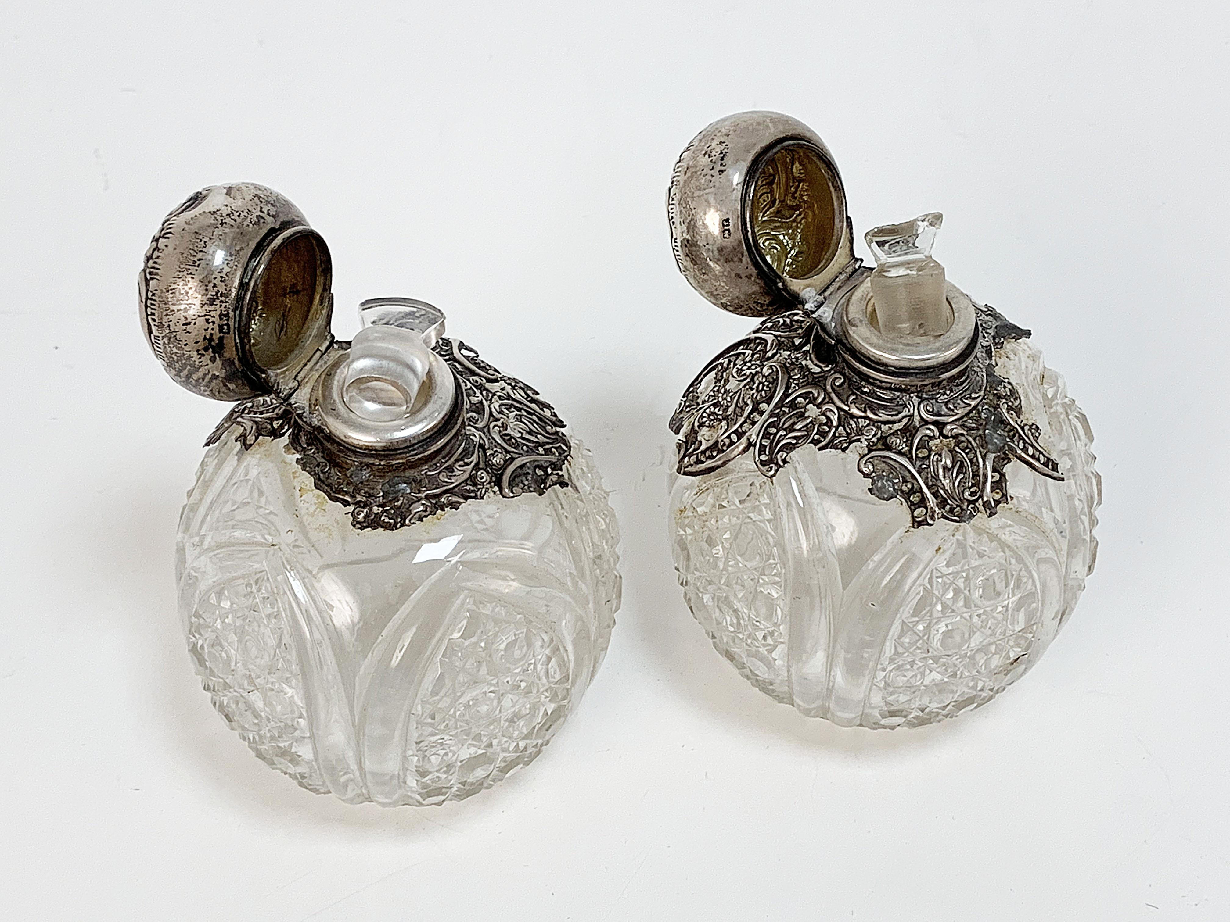 Early Victorian Pair of Antique Perfume Bottles, Sterling Silver and Crystal, England Early 1900
