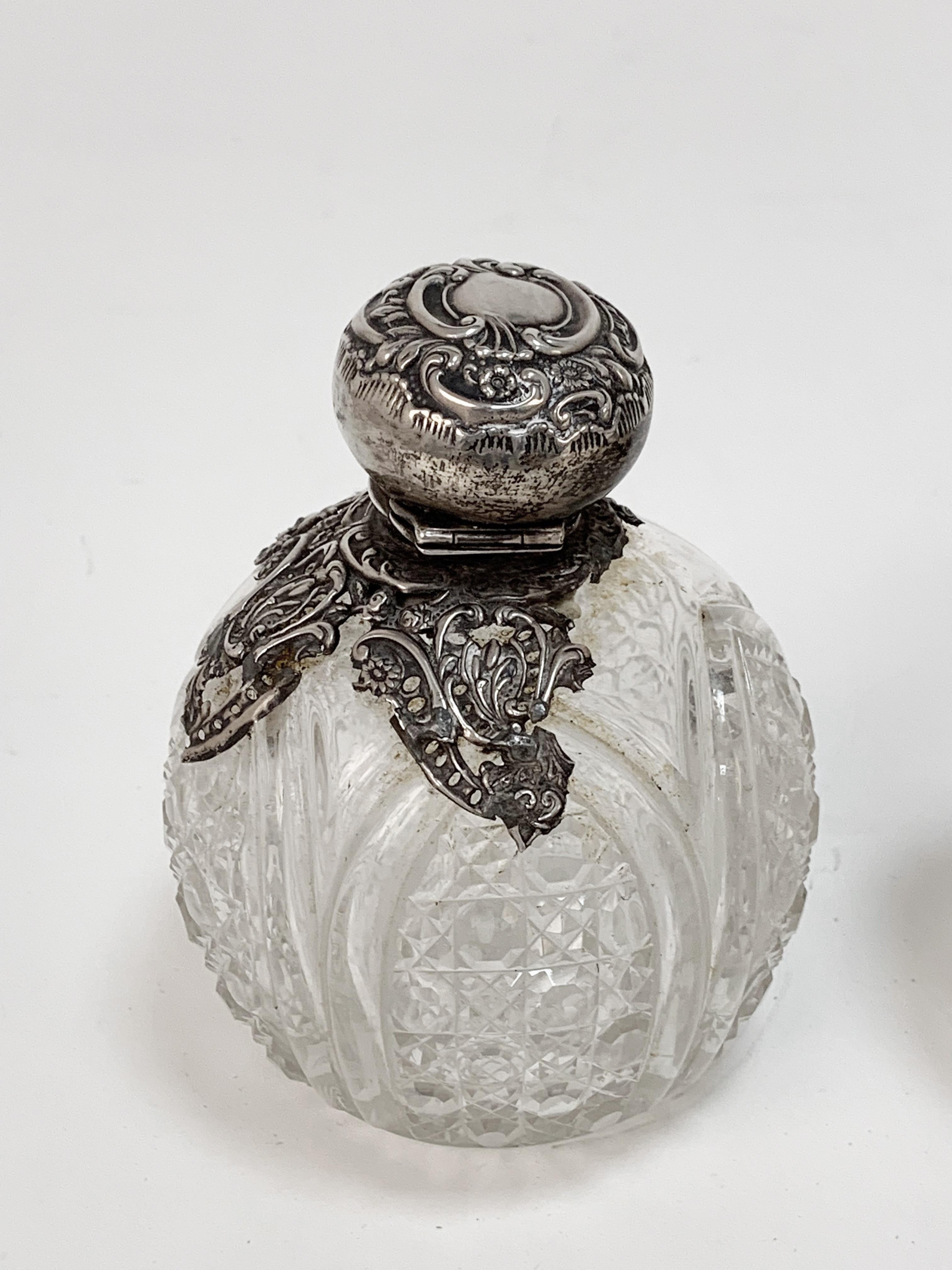 English Pair of Antique Perfume Bottles, Sterling Silver and Crystal, England Early 1900