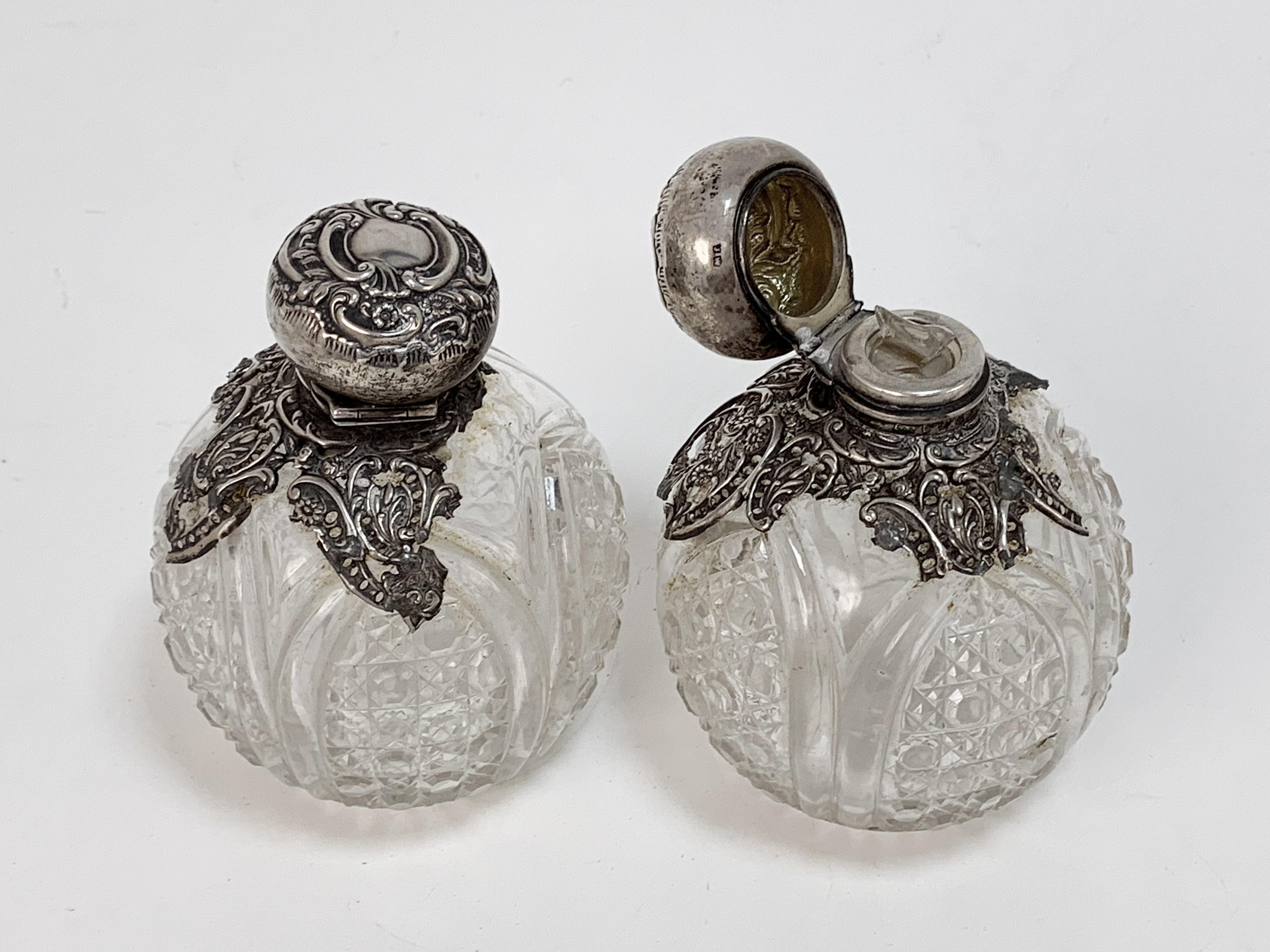 Pair of Antique Perfume Bottles, Sterling Silver and Crystal, England Early 1900 2