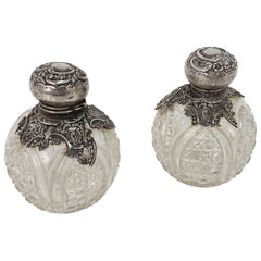 Pair of Antique Perfume Bottles, Sterling Silver and Crystal, England Early 1900