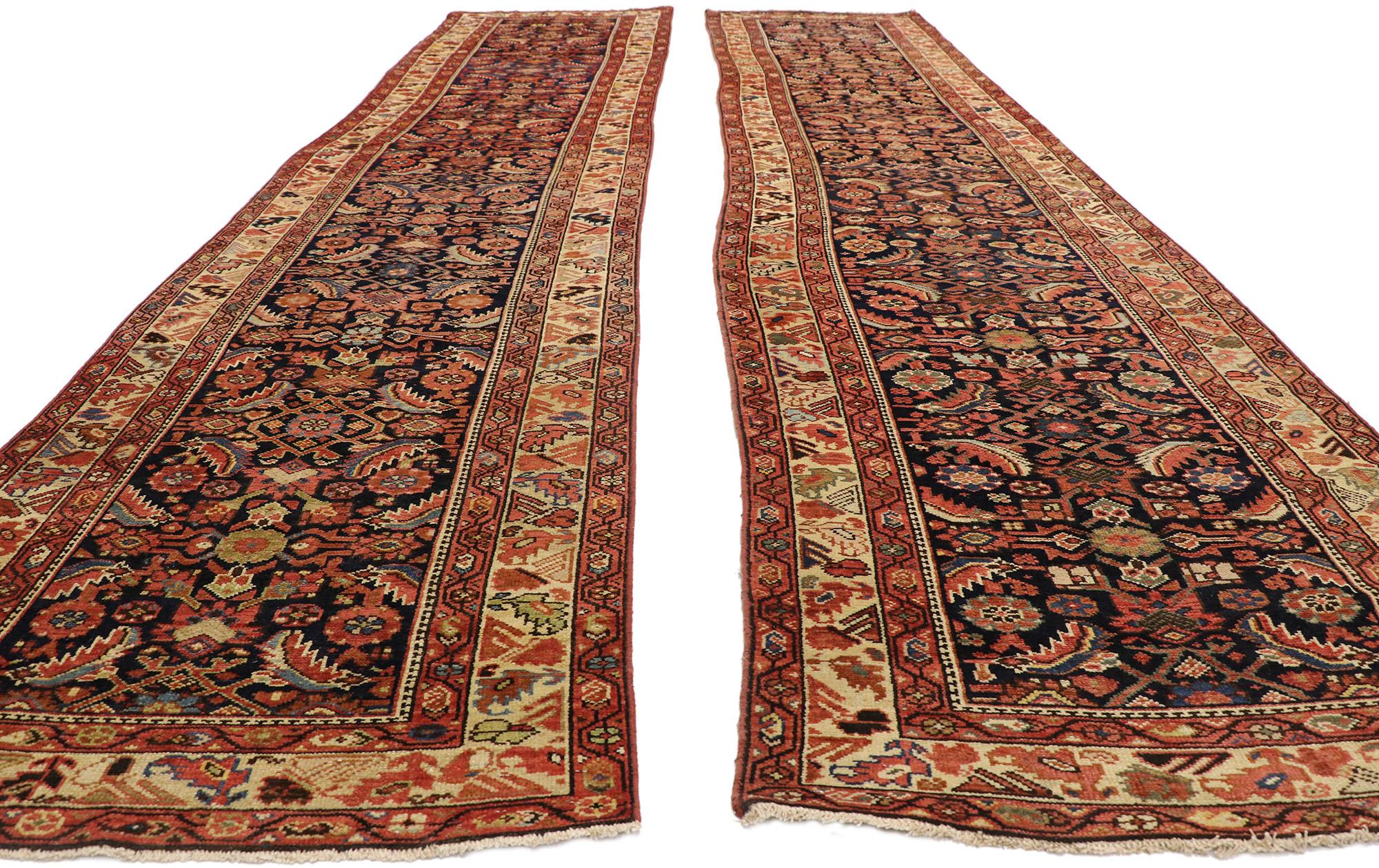 76580-76581 Pair of Antique Persian Malayer Carpet Runners, Matching Hallway Runners. Full of character and stately presence, these pair of antique Persian Malayer carpet runners showcase an intrinsic geometric pattern highlighting the infamous
