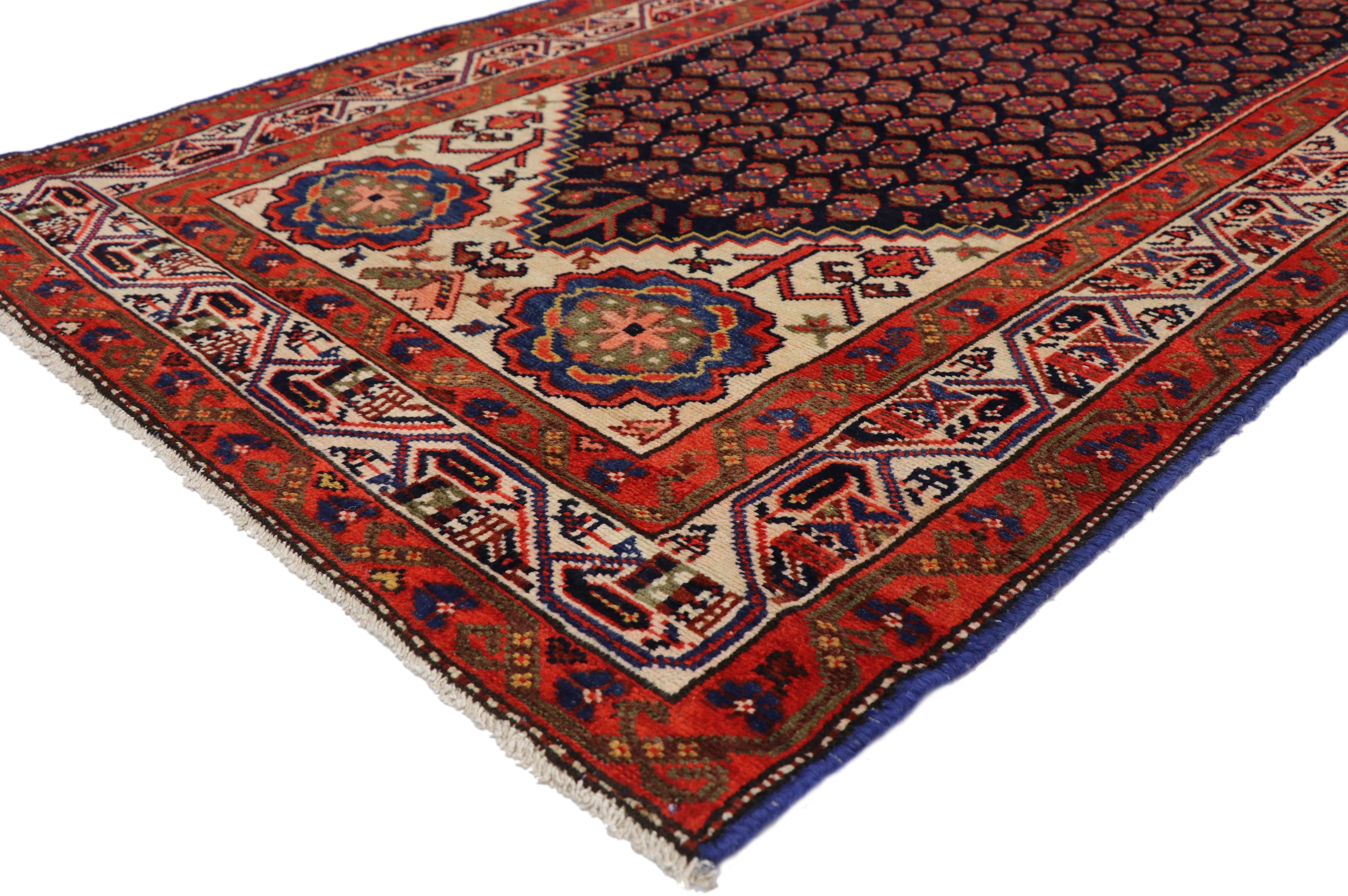 76586 antique Persian Malayer Runner with English Manor House Tudor style. Dignified with bespoke style, this antique Persian Malayer runner displays an all-over repetitive pattern of opulent boteh motifs. The widely used boteh motif is thought to