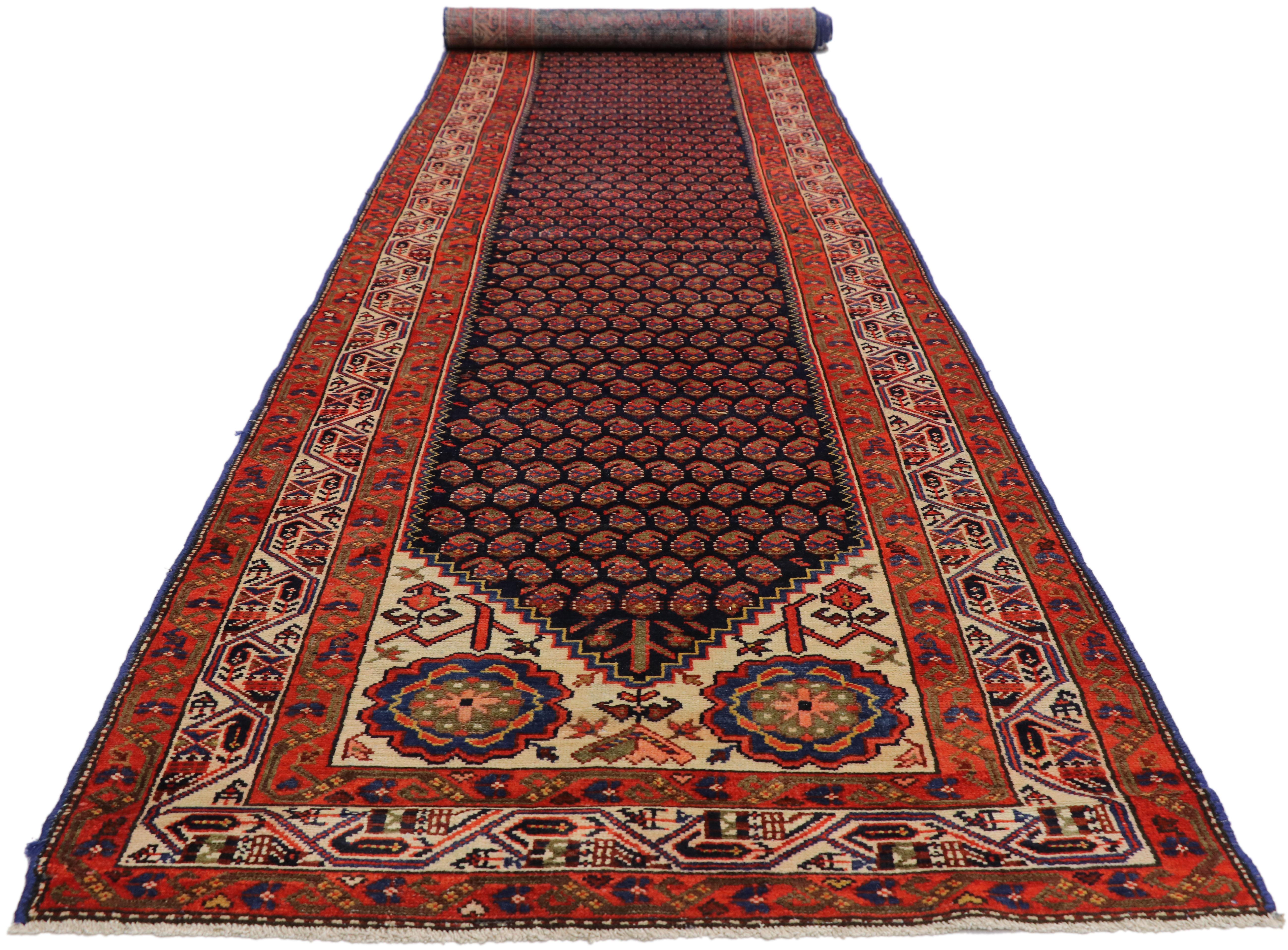 Hand-Knotted Antique Persian Malayer Runner with English Manor House Tudor Style For Sale