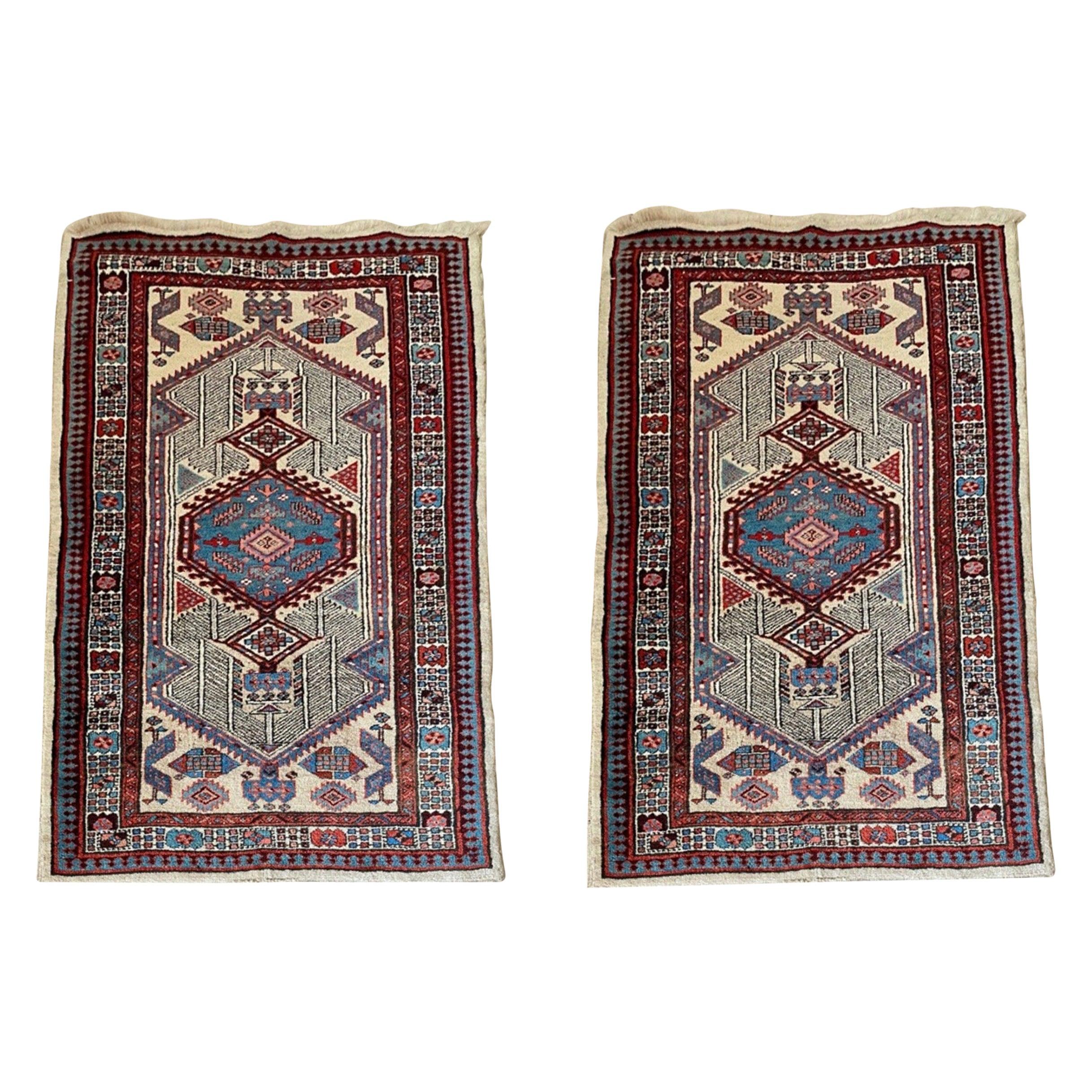 Pair of Antique Persian Sarab Ivory and Light Blue Small Area Rugs For Sale