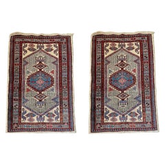 Pair of Antique Persian Sarab Ivory and Light Blue Small Area Rugs