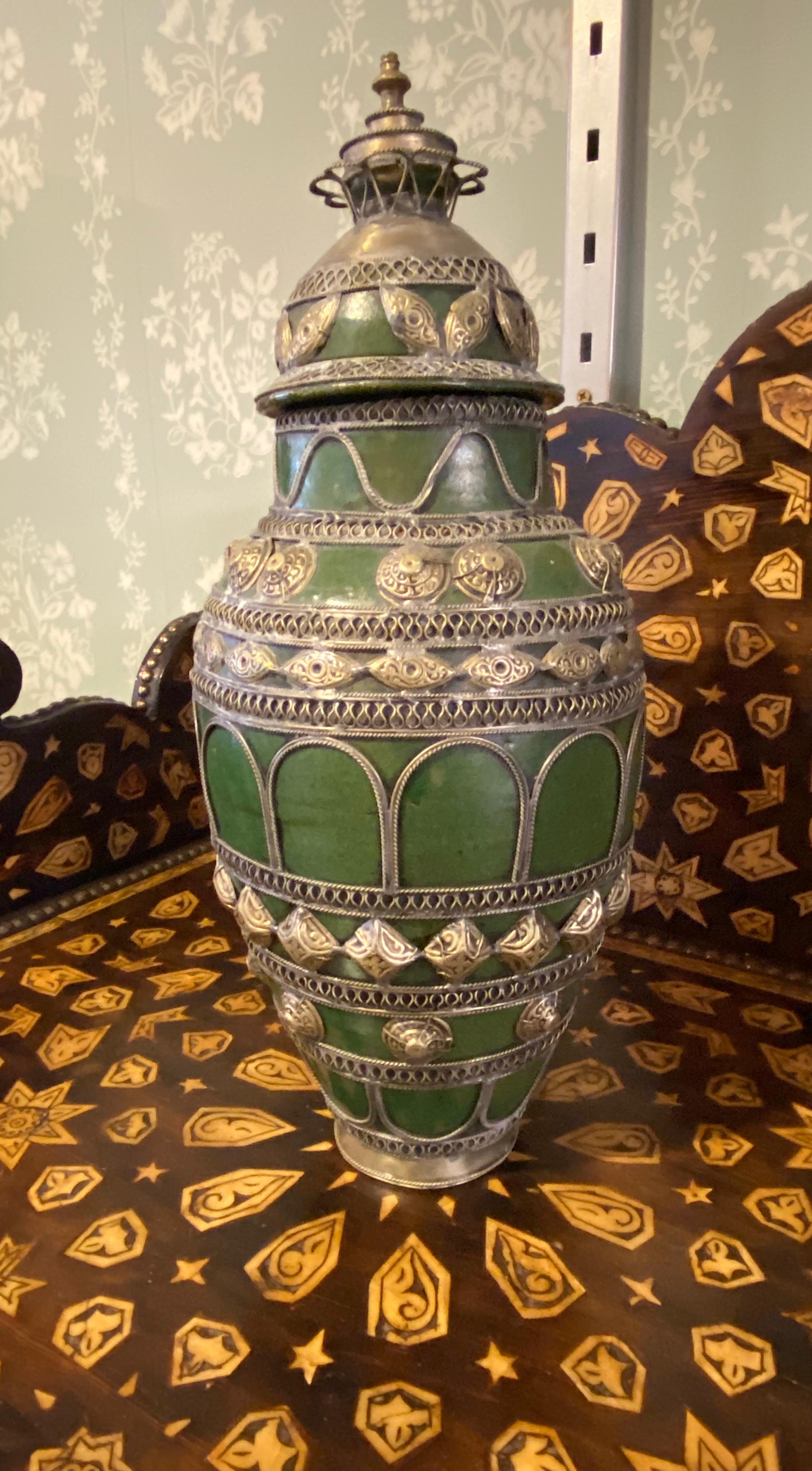 19th Century Pair of Antique Persian White Metal Mounted Urns Vases with Lids For Sale