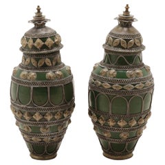 Pair of Antique Persian White Metal Mounted Urns Vases with Lids