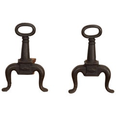 Pair of Antique Petite Arts and Crafts Cast Iron Key Hole Andirons / Fire Dogs