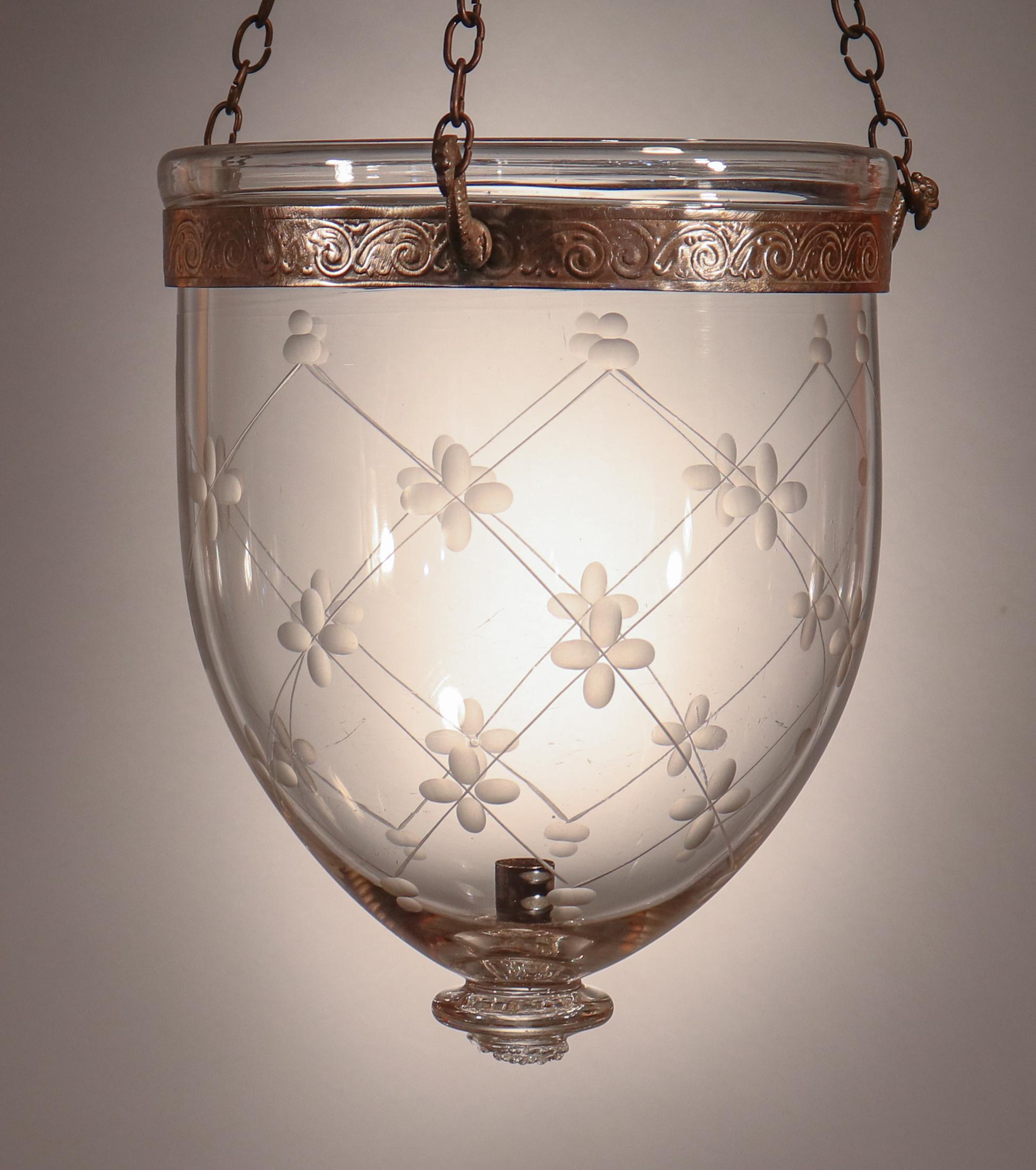 Pair of Antique Petite Bell Jar Lanterns with Trellis Etching 7