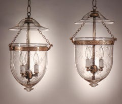 Pair of Antique Petite Bell Jar Lanterns with Trellis Etching