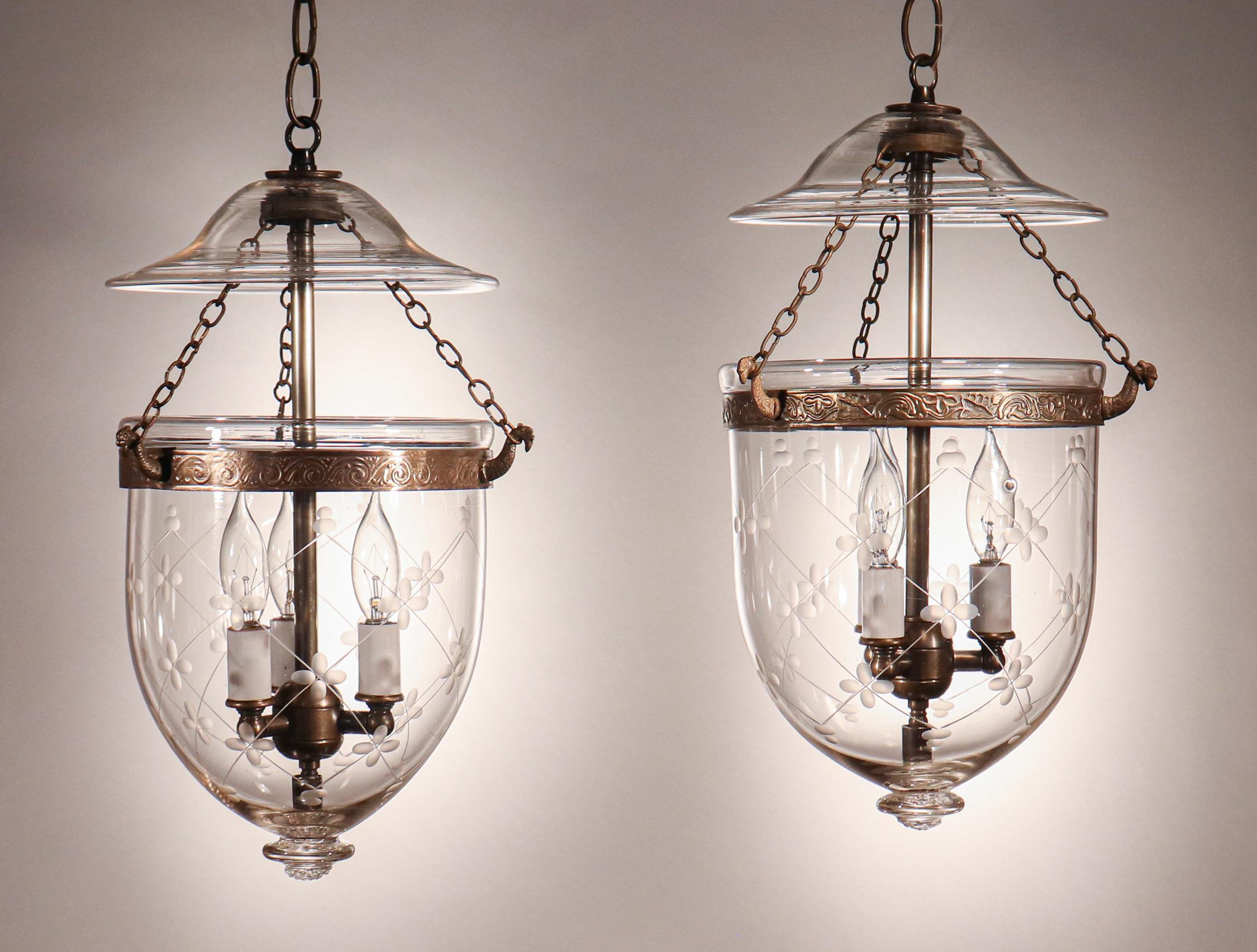 Victorian Pair of Antique Petite Bell Jar Lanterns with Trellis Etching