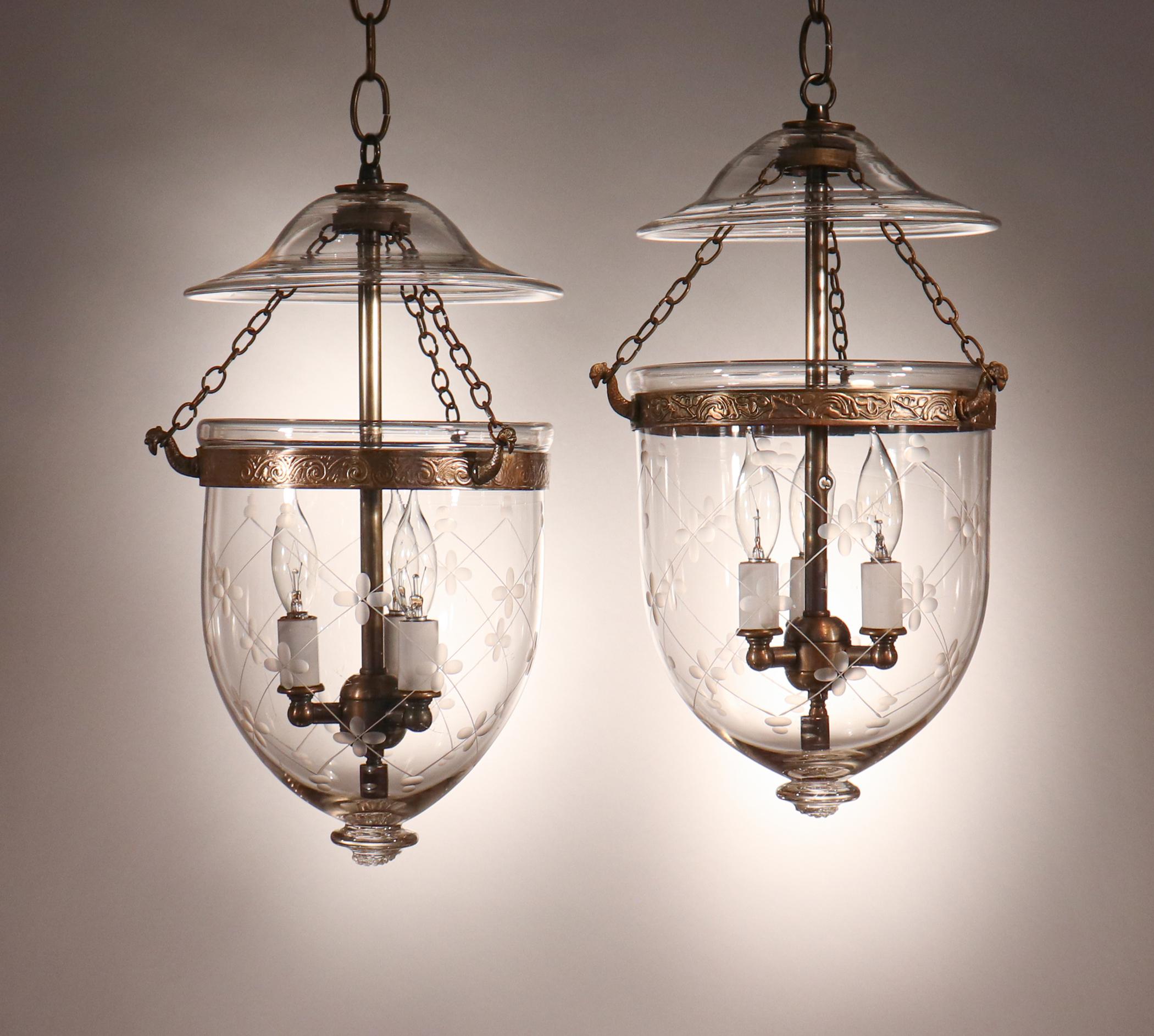 English Pair of Antique Petite Bell Jar Lanterns with Trellis Etching