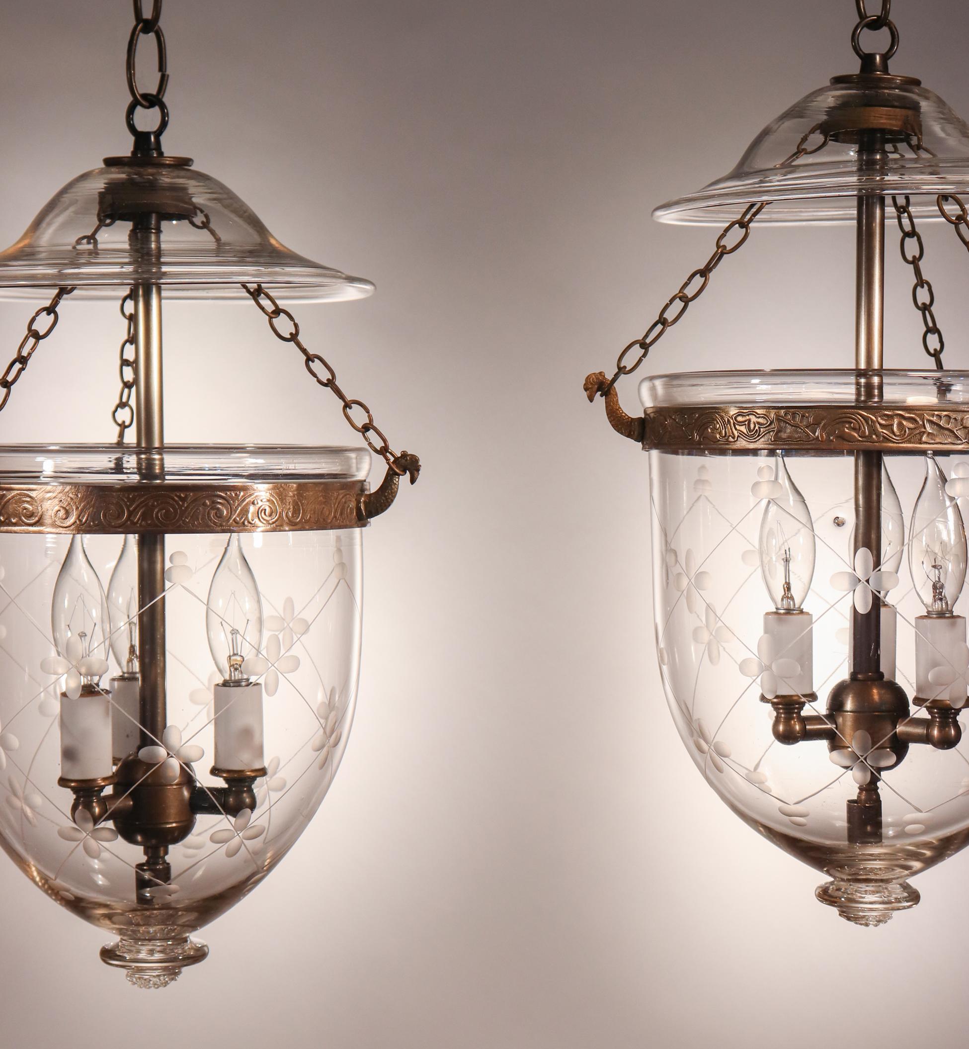 Embossed Pair of Antique Petite Bell Jar Lanterns with Trellis Etching