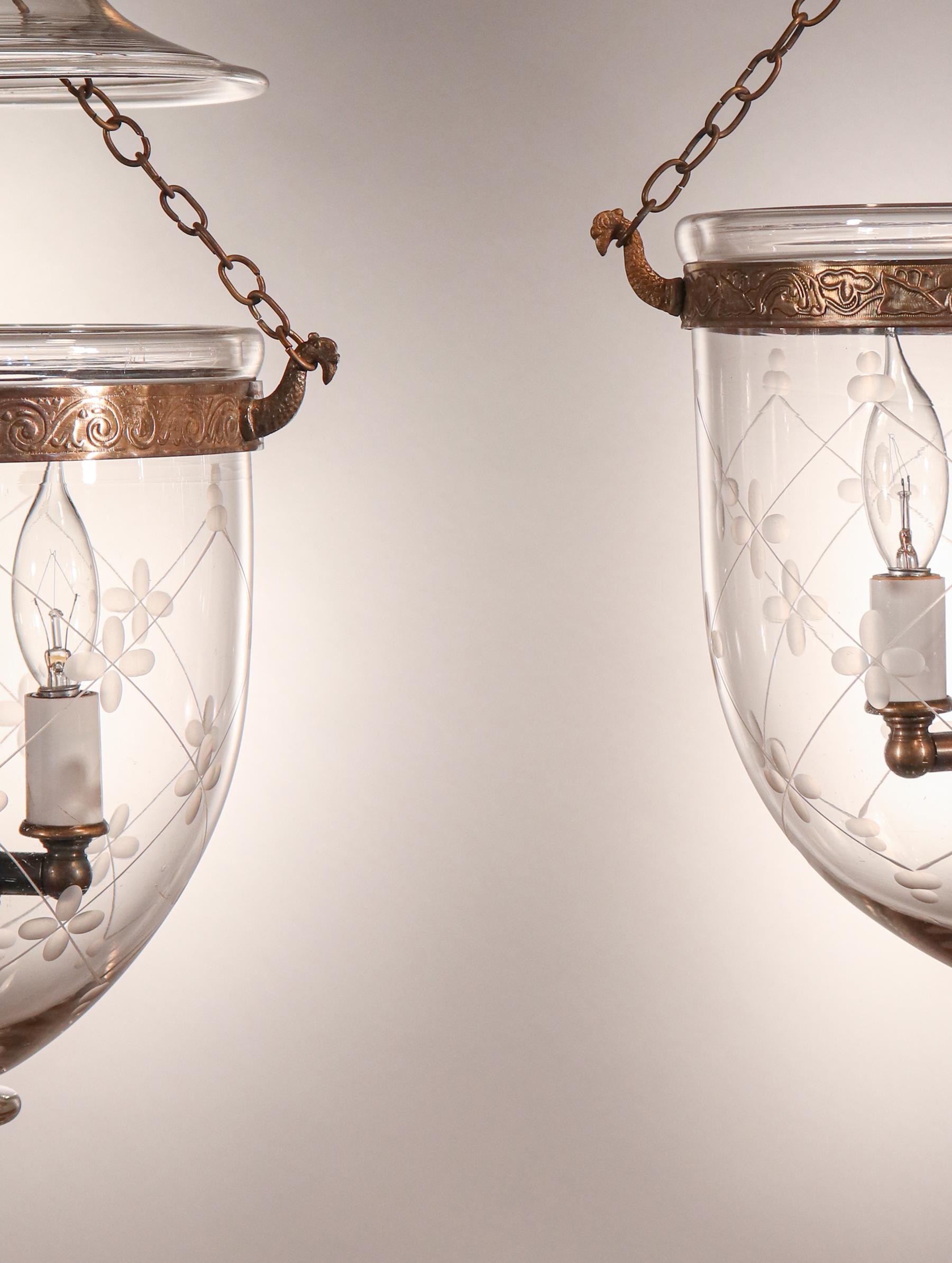 Pair of Antique Petite Bell Jar Lanterns with Trellis Etching In Good Condition In Heath, MA