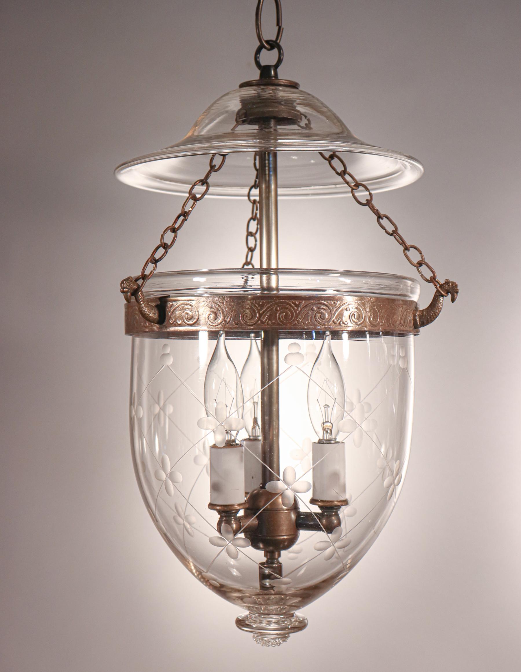 19th Century Pair of Antique Petite Bell Jar Lanterns with Trellis Etching