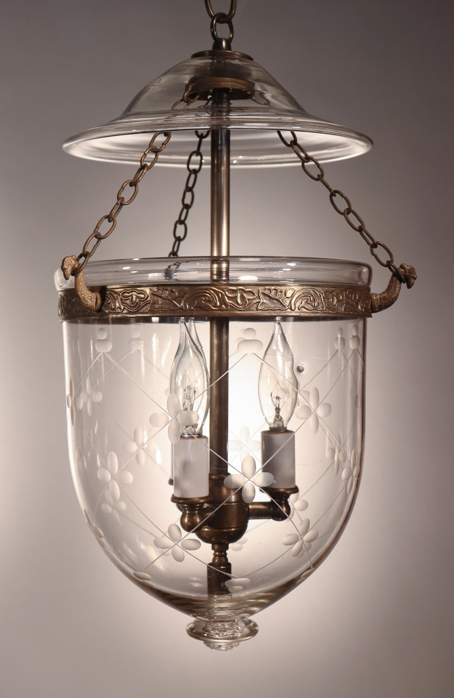 Brass Pair of Antique Petite Bell Jar Lanterns with Trellis Etching
