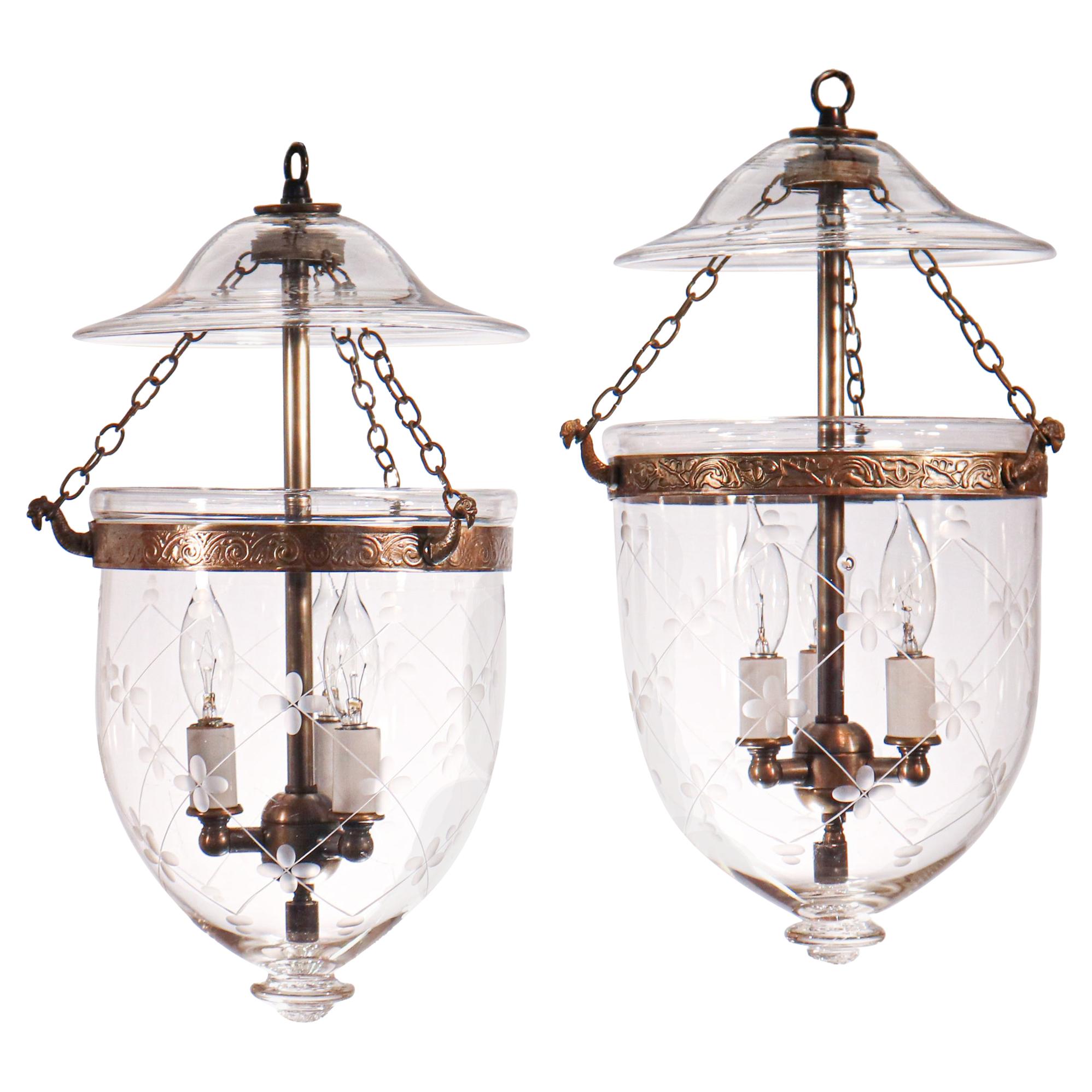 Pair of Antique Petite Bell Jar Lanterns with Trellis Etching
