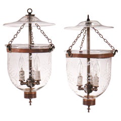 Pair of Antique Petite Bell Jar Lanterns with Vine Etching