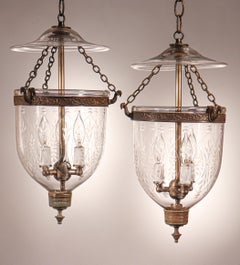 Pair of Antique Petite Bell Jar Lanterns with Wheat Etching