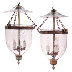 Pair of Antique Petite Bell Jar Lanterns with Wheat Etching