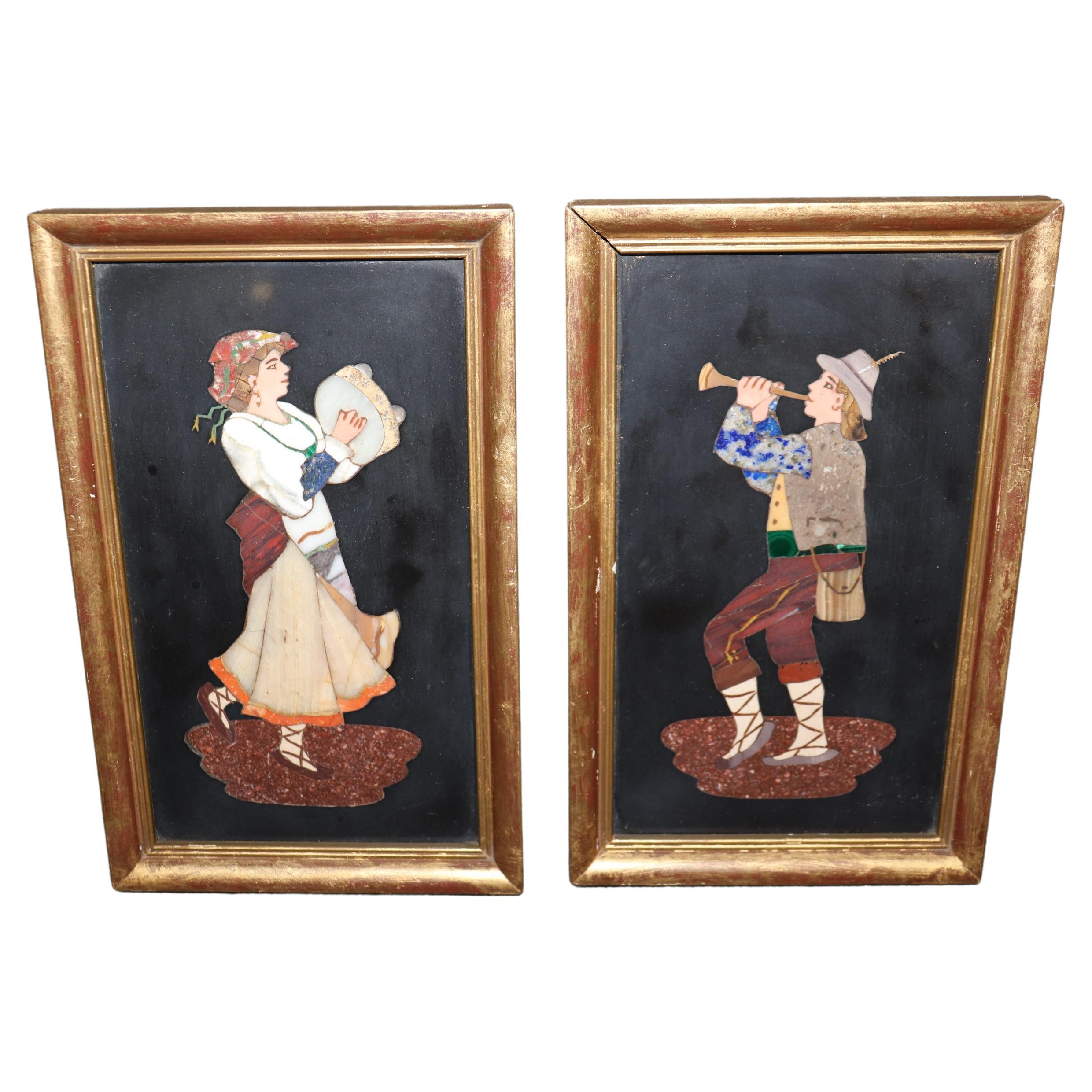 Pair of Antique Pietra Dura Inlay Figural Plaques With Gilt Frame And Malachite  For Sale