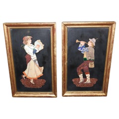 Pair of Vintage Pietra Dura Inlay Figural Plaques With Gilt Frame And Malachite 