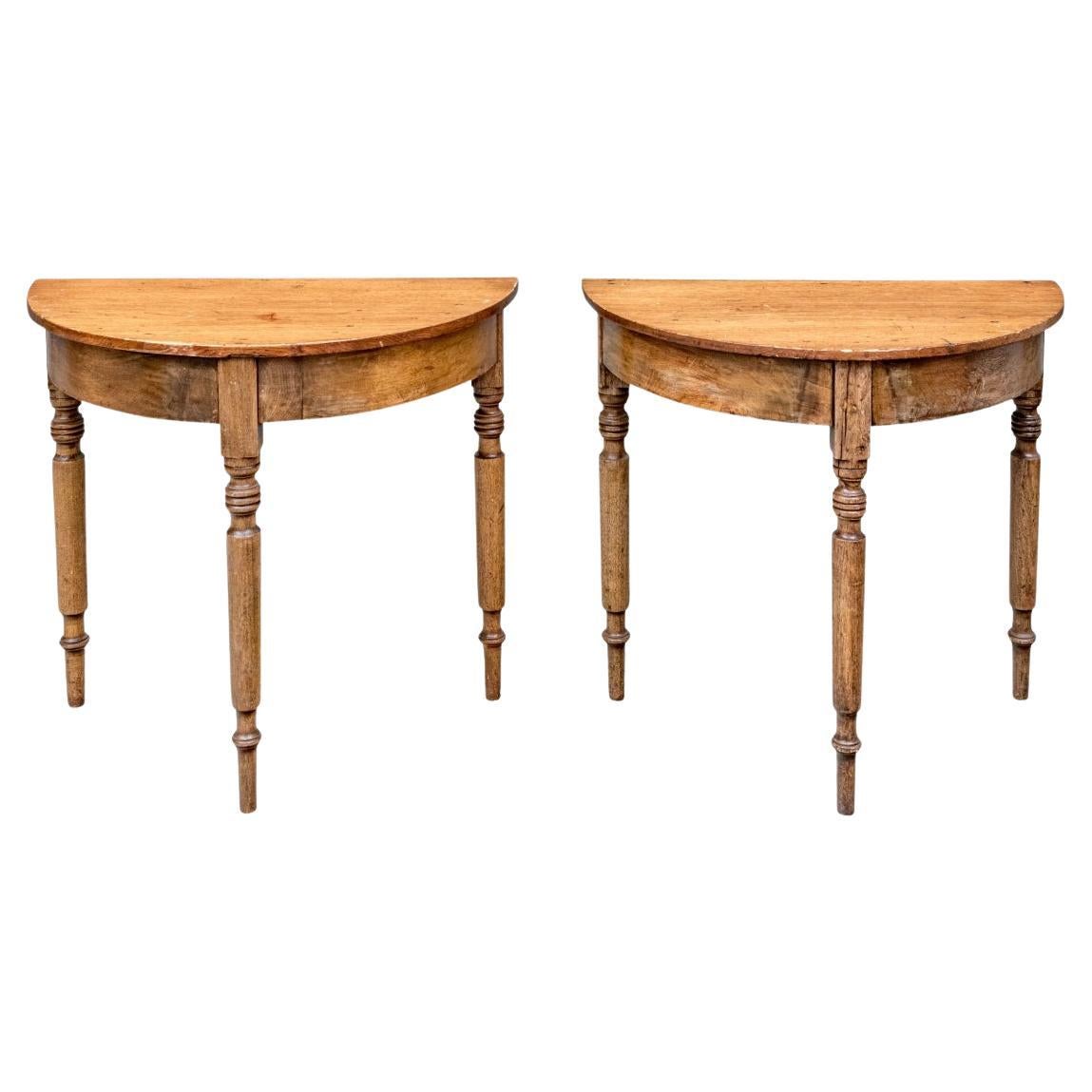 Pair Of Antique Pine Demilune Consoles in vendita