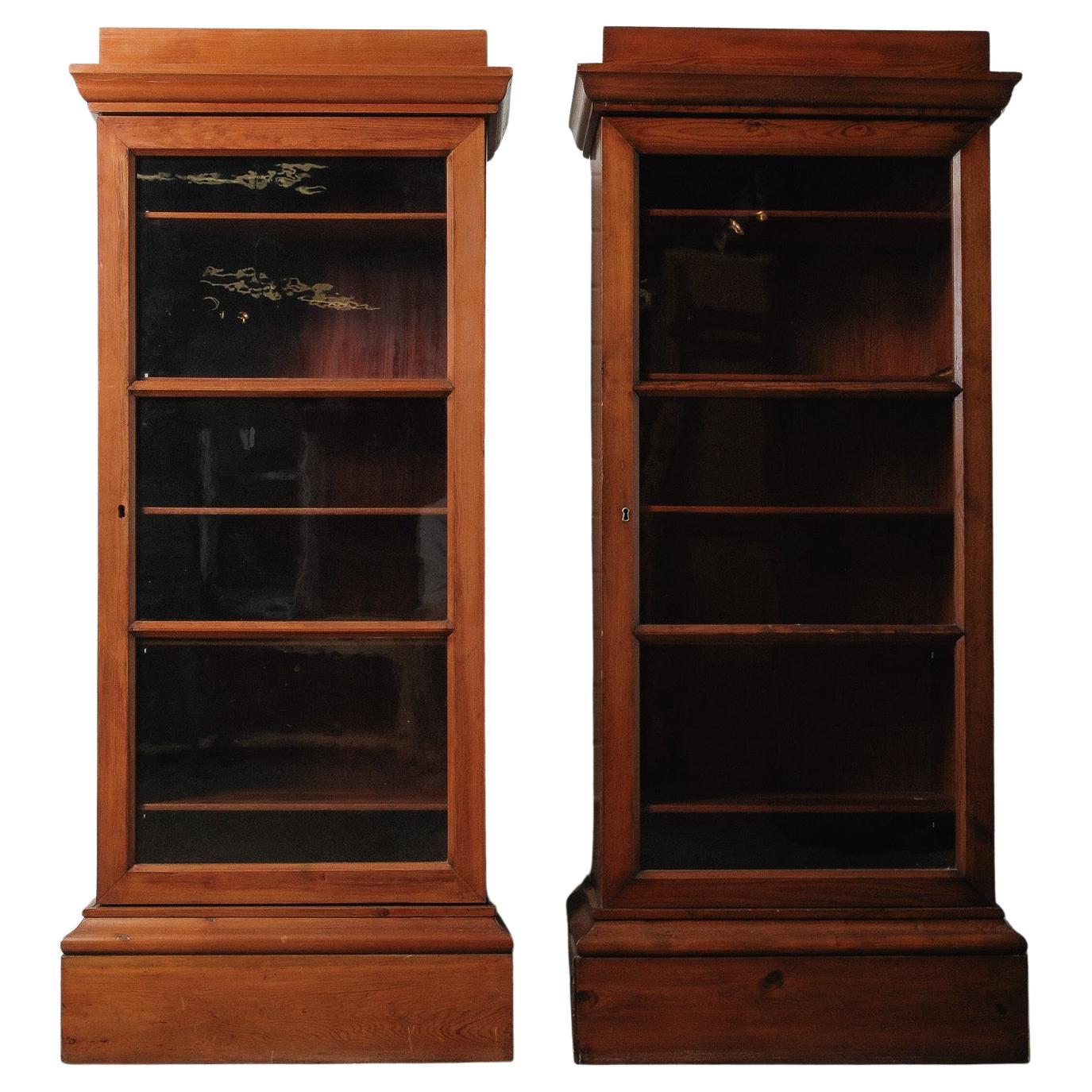 Pair of Antique Pine Glass-Door Bookcase Display Cabinets