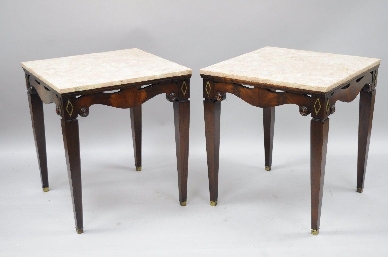 Pair of Antique Pink Marble-Top Mahogany End Tables Regency Square Weiman Era 2