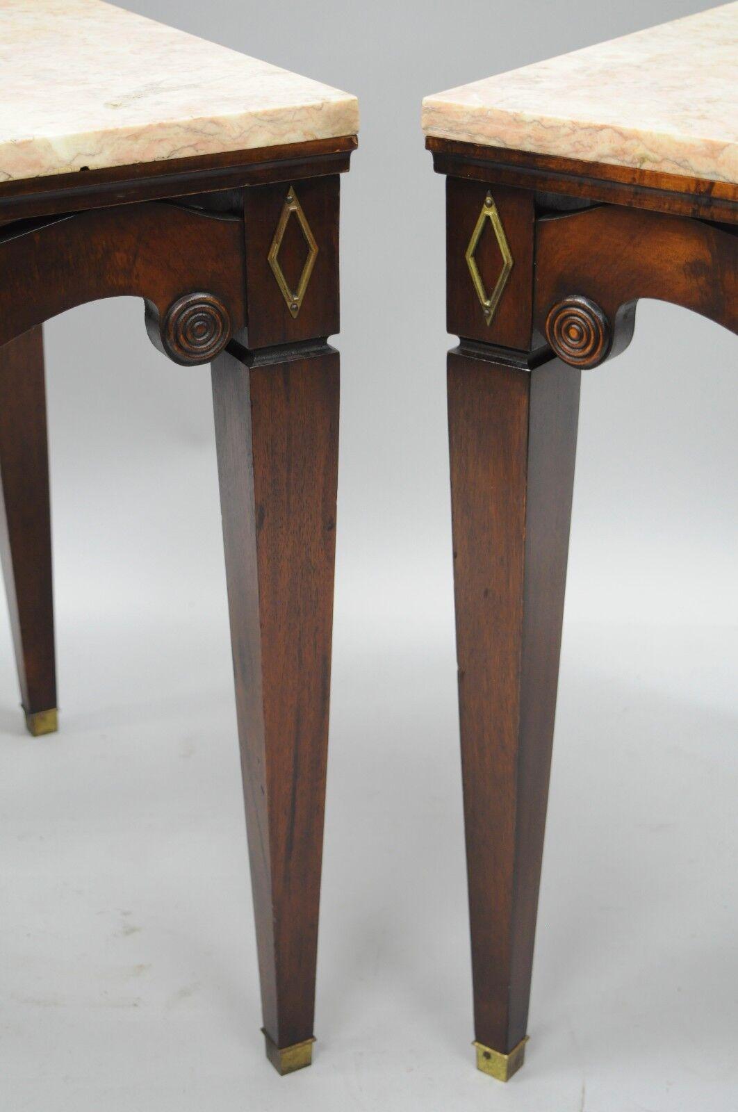 American Pair of Antique Pink Marble-Top Mahogany End Tables Regency Square Weiman Era For Sale