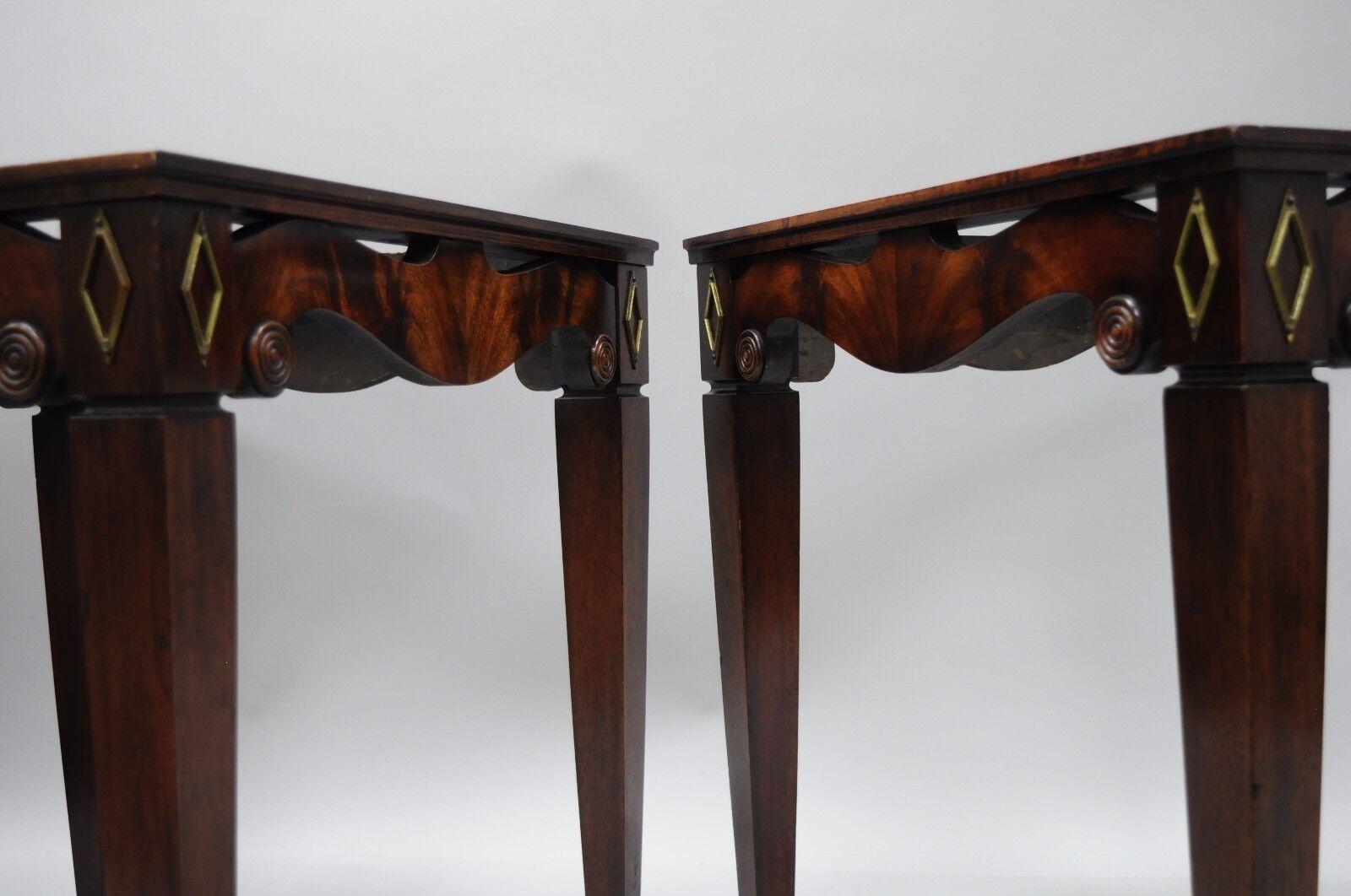 Mid-20th Century Pair of Antique Pink Marble-Top Mahogany End Tables Regency Square Weiman Era For Sale