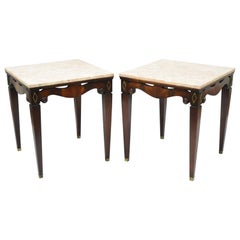 Pair of Vintage Pink Marble-Top Mahogany End Tables Regency Square Weiman Era