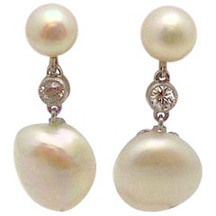 Pair of Antique Platinum Pearl and Diamond Pendant Earrings