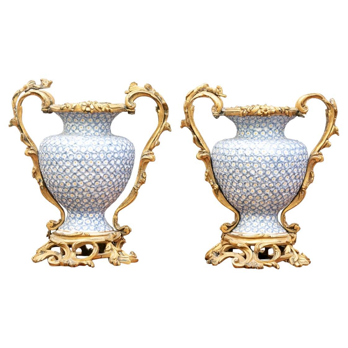 Pair Of Antique Porcelain and Bronze Ormolu Mounted Baluster Vases For Sale