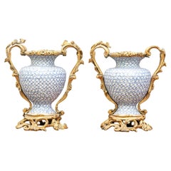 Pair Of Antique Porcelain and Bronze Ormolu Mounted Baluster Vases