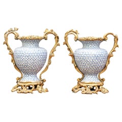 Pair Of Antique Porcelain and Bronze Ormolu Mounted Baluster Vases