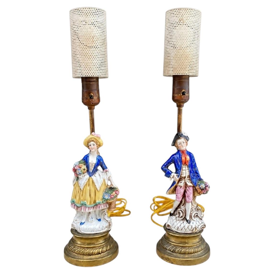 Pair of Antique Porcelain Figure Table Lamps