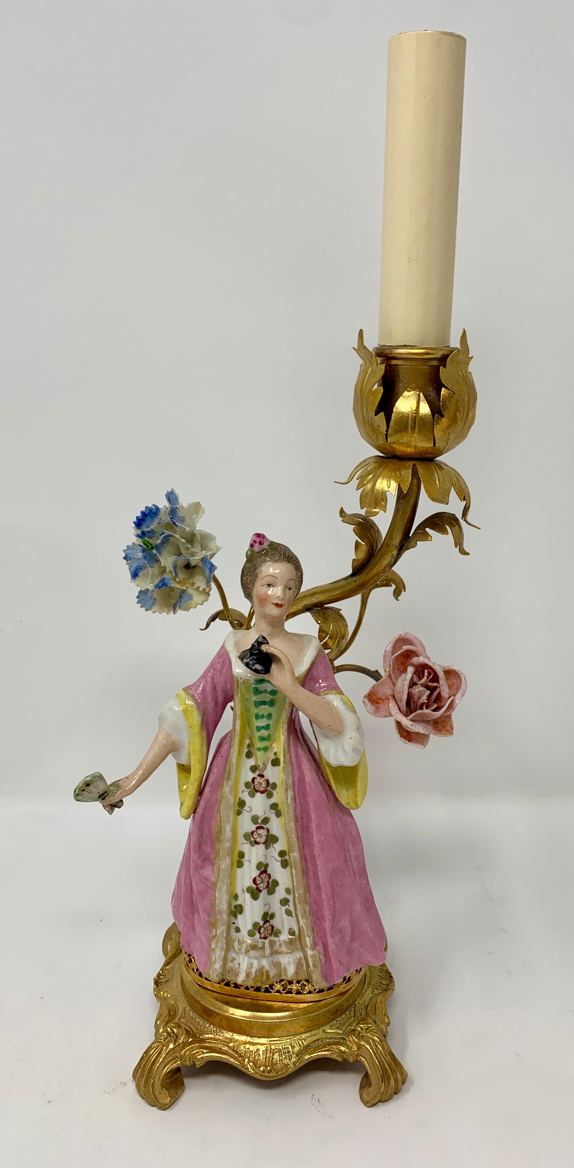 German Pair of Antique Porcelain Figurine Candlesticks