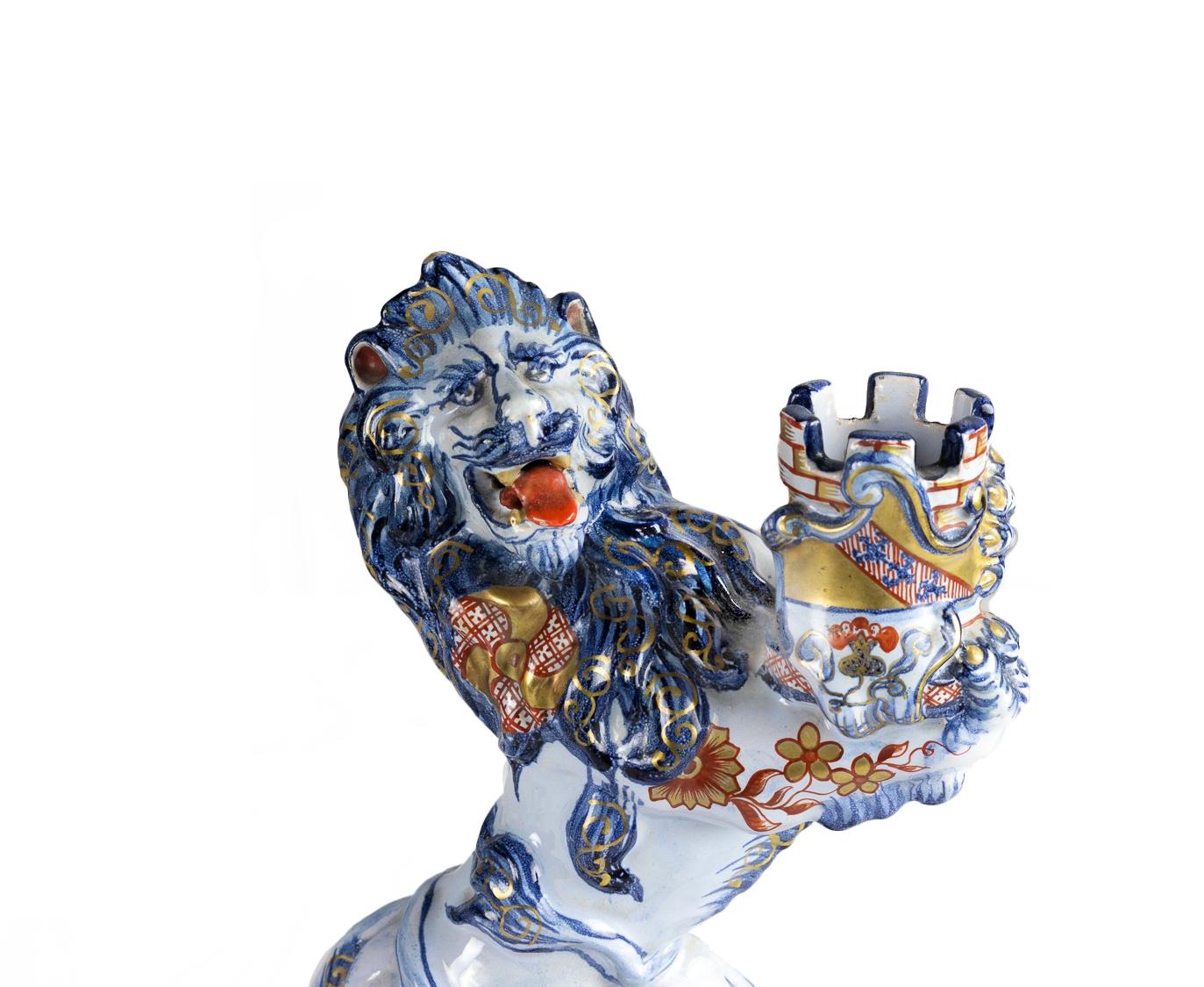 Rococo Revival  Pair of Antique Porcelain Lions Candle Holders by Emile Gallé For Sale