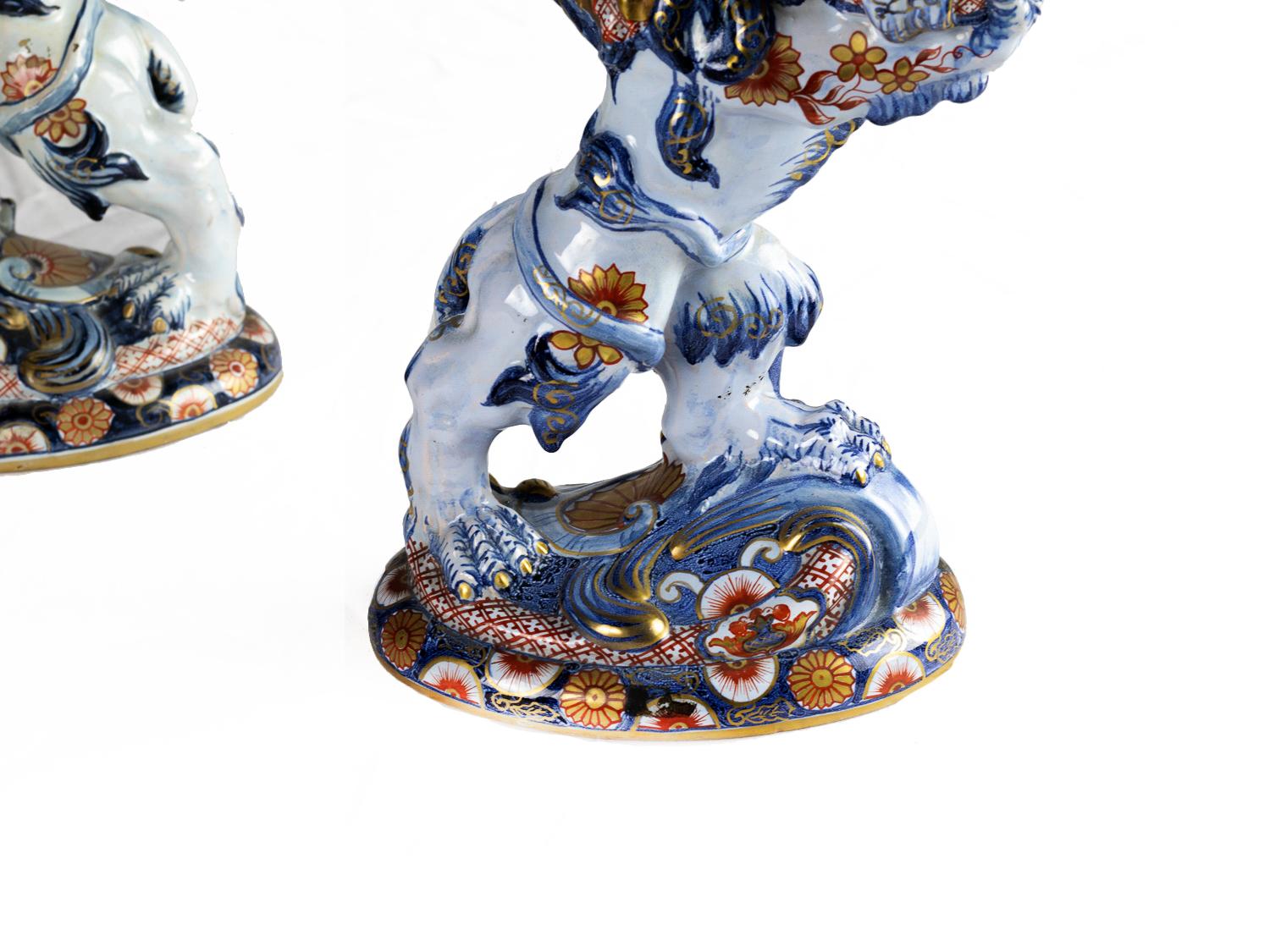  Pair of Antique Porcelain Lions Candle Holders by Emile Gallé For Sale 2
