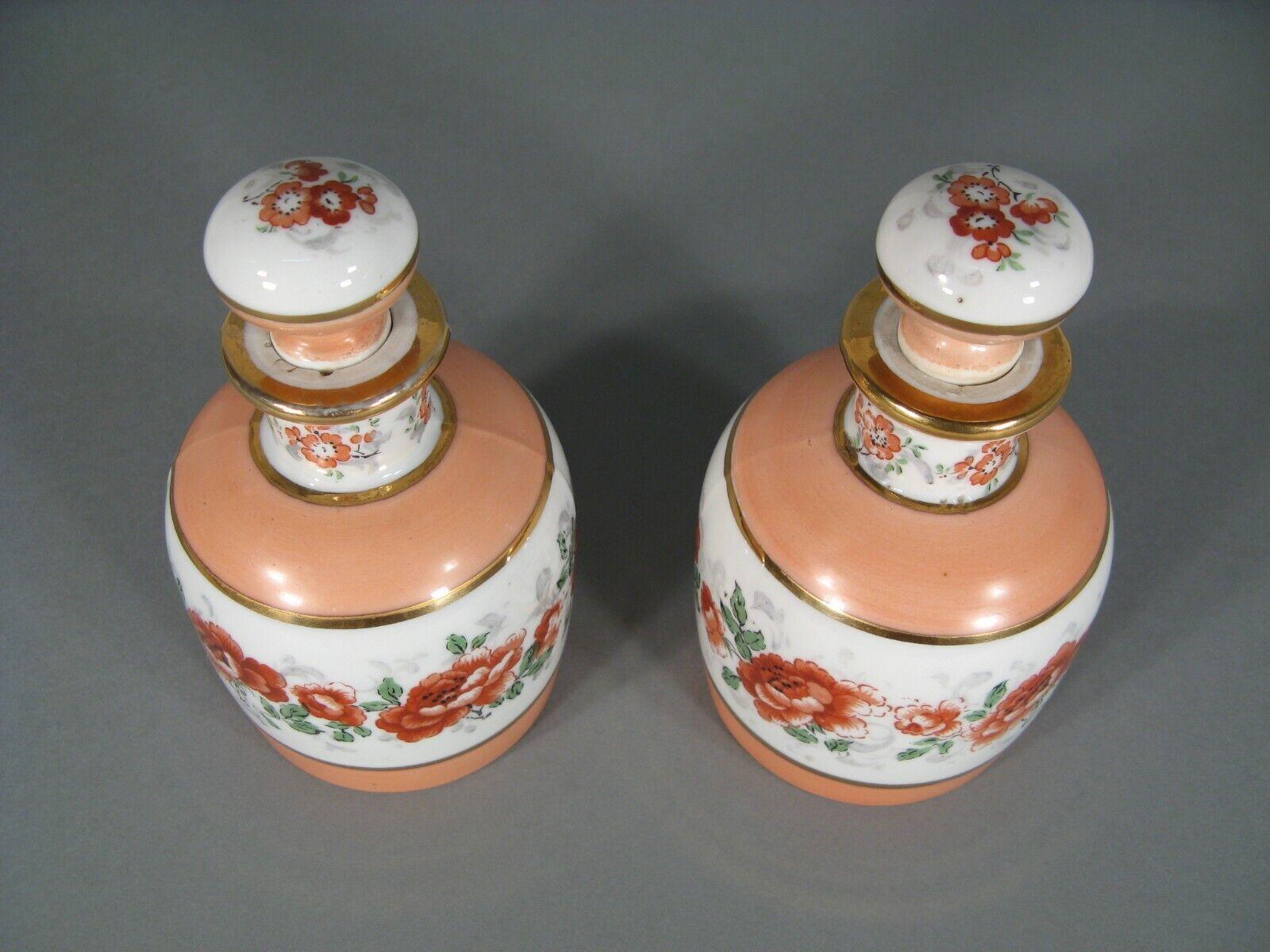 Pareja de frascos de perfume antiguos de porcelana con decoración floral - 1Y115 Francés